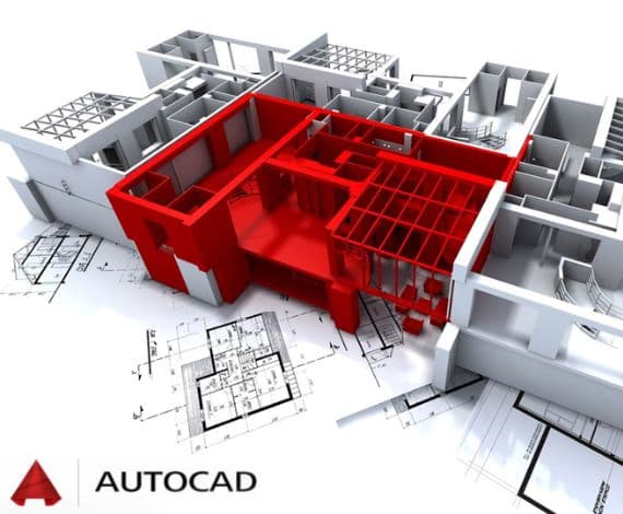 3D building model rendered in red highlighting AutoCAD drafting